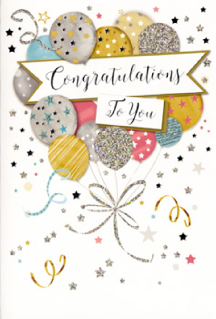 This image shows a refined congratulations card styled as though it's ready to accompany a celebratory bouquet delivered to a flat overlooking the Barbican lakes. The design centres on a tall, portrait-format card featuring a generous spray of illustrated balloons floating upwards from the lower half. The balloons are rounded and softly luminous, painted in a palette of metallic gold, brushed silver, champagne, soft blue, warm pink, and pale grey. Each one carries its own delicate embellishment: dainty stars scattered like constellations, glitter-like dusting along the curves, and slender stripes that catch the eye without disturbing the calm balance of the design. They are loosely gathered by fine, curling ribbons in gold and silver tones, the lines drawn with a gentle hand so that the ribbons sweep and loop gracefully downwards, almost like the trailing stems of a carefully arranged bouquet. Behind and around this central cluster, the card's light background is animated with tiny metallic stars, confetti dots, and playful, curling ribbon motifs, creating the impression of a surprise party mid-moment, frozen in time. Across the centre of the composition, an elegant banner glides horizontally, slightly curved as if softly billowing. It carries a scripted Congratulations message in ornate, flowing lettering, giving the card a sense of occasion worthy of a promotion, graduation, or personal triumph. The entire card feels both joyful and tasteful, a paper celebration that would sit beautifully alongside fresh blooms from a local Barbican florist, ready for same-day delivery to homes, studios, and offices around the Estate and nearby Moorgate.