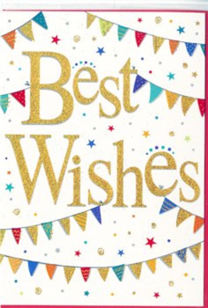 The greeting card in the image captures the feeling of a lively yet refined celebration, like stepping into an intimate gathering in one of the Barbican's hidden gardens. At its heart, in the centre of a bright white card, the phrase Best Wishes is rendered in sumptuous, gold foil script. The letters curl and loop gracefully, with a slightly raised, almost velvety texture that suggests a high-quality finish; you can almost imagine the faint rustle as the card is tilted under the light near Barbican station. Surrounding this central message, strings of colourful bunting sweep across the card in gentle arcs, echoing the hanging lights and banners you might see during a local community event on nearby Moorgate. Each tiny triangular flag is a miniature artwork: some in rich reds and blues, others in jade green, sunshine yellow, and soft coral, all adorned with cheerful patterns-crisp stripes, tiny polka dots, and intricate, mosaic-like shapes. This bunting frames the words without overwhelming them, guiding the eye naturally back to the golden message. Sprinkled through the spaces between flags are small stars and dots in coordinating colours, scattered like confetti drifting down at the end of a celebration. The design feels both playful and polished, suitable for any joyous occasion-a new job in an office near London Wall, a milestone birthday celebrated in a Barbican flat, or a happy move into a first home. It's exactly the sort of card a local florist might slip beside a mixed bouquet, its understated elegance reinforcing the sincerity behind the sender's best wishes.