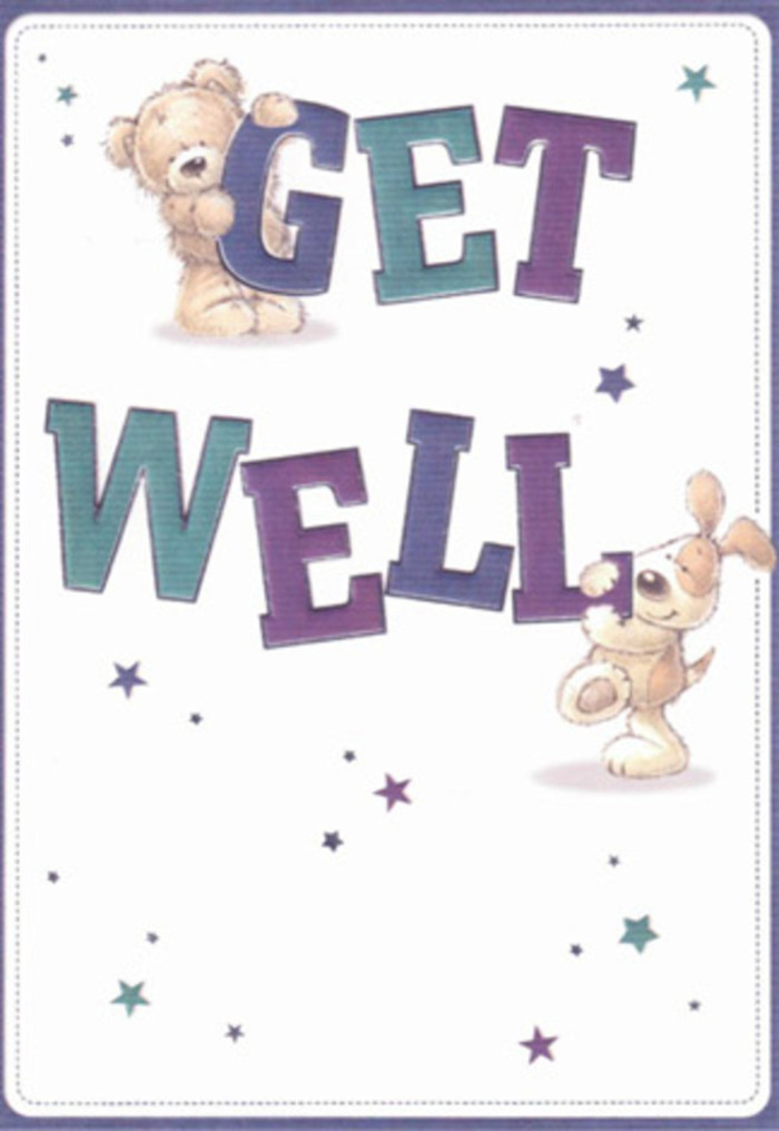 This get well card is a heartfelt tapestry woven from innocence and cheer, its illustrated bear and puppy exchanging the pure affection often found on the welcoming corners of Barbican's estates. The bear, with downy fur brushed in soft caramel shades, leans comfortingly into a floppy-eared pup-each infused with a caring spirit that feels as gentle as the morning sun along Beech Street. Bold, friendly letters spell out 'Get Well' in shades of purple and teal, their playful unevenness lending the words a buoyant, hopeful energy. Around them, twinkling stars scatter like dew over the Barbican wildflowers, imbuing the whole composition with whispers of healing and possibility. The tactile quality is unmistakable: the bear's comforting fuzz, the velvety smoothness of the lively puppy's ears-every line lovingly detailed, as in a bouquet from Barbican Flowers, where each bloom is nestled thoughtfully to uplift the spirit. The crisp, white background offers a sense of clarity and space, allowing the message to breathe, while the overall mood is unmistakably comforting-perfect for sending a wave of gentle encouragement to someone on the mend, whether in a Barbican residence or nearby hospital.