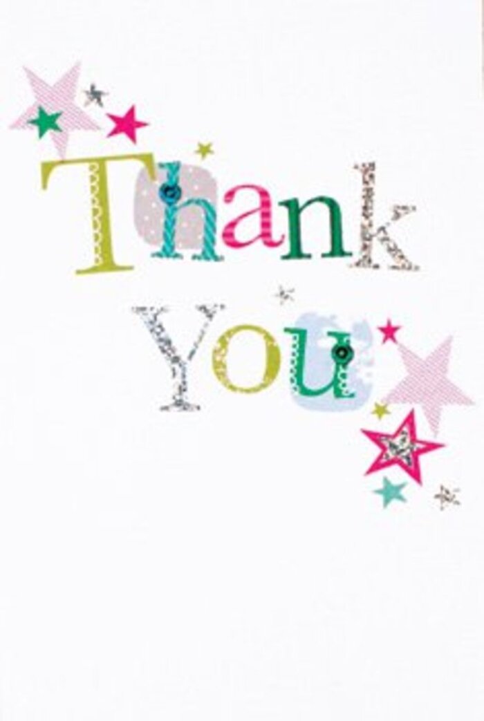 This thank you card is a study in joyful contrasts. Its letters, each brimming with individual flair, range from playfully spotted and ribboned to sleek and shimmering, colored in tones that recall the vibrant blooms at Barbican Flowers just off Chiswell Street. The silver highlights glint softly in the light, while intricate stitched borders and bursts of pastel pinks, teals, and blues infuse the message with energy and warmth. Around the wording, star motifs-some filled with stripes of magenta, others twinkling in turquoise or shining like brushed nickel-congregate as if blessing the sentiment with extra cheer. The design balances playfulness and polish, with an airy white background reminiscent of the contemporary spaces inside the Barbican Estate. This card's mood is one of universal appreciation-not too formal nor overly casual-making it fitting for any occasion, from thank yous after a local seminar to personal notes exchanged between neighbours. Local artistry shines through here: the composition feels modern and cosmopolitan, just like the evolving spirit of Barbican itself. It's a card made to complement a thoughtfully arranged bouquet, delivered fresh from Barbican Flowers and ready to share heartfelt thanks throughout the area.