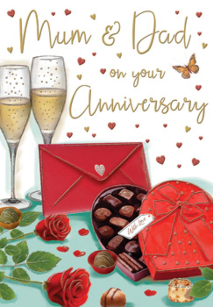 Elegant anniversary card artwork depicting a richly romantic still life that could easily be imagined on a dining table overlooking the Barbican lakes. At the heart of the illustration, two fully opened red roses rest on a surface that seems softly lit, their velvety petals layered and plush, each curve captured with painterly care. The roses are supported by a spray of deep green leaves, glossy and structured, providing a natural frame that feels as thoughtfully composed as a florist's anniversary bouquet. Adjacent to the blooms, a heart-shaped box sits slightly askew, its lid propped open to reveal a tempting selection of chocolates nestled in neat rows. Some pieces are lifted just enough to hint at their richness, while a few scattered chocolates on the table speak of shared treats and stolen moments. A bold red bow wraps the box, the loops of ribbon adding a luxurious flourish. Just behind, two tall champagne flutes stand in close companionship, each filled with pale gold sparkling wine, delicate bubbles rising as if frozen in mid-toast. Golden and crimson hearts drift across the background in a loose, celebratory pattern, enveloping a hand-written dedication to Mum & Dad that feels intimate and sincere. A bright scarlet envelope, carefully sealed, lies in the foreground, angled towards the viewer so you can almost imagine sliding a card out and reading the loving words inside. The whole composition glows with warm, rosy light, suggesting the gentle murmur of family voices, the quiet clink of glass, and the contented atmosphere of an anniversary evening in the Barbican, where love and memory take centre stage.
