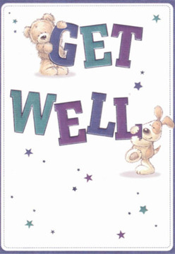 This tender get well card is a whimsical snapshot of kindness, perfect for lifting spirits in the heart of Barbican. At the centre, a sweet-faced teddy bear grips the word "GET," while a lively puppy nuzzles up beside "WELL," both characters exuding affection and encouragement. Their round features and expressive eyes are filled with the unspoken warmth that often passes between friends in Clerkenwell's hidden garden courtyards. Scattered star motifs shimmer in purples and blues, their hopeful glow echoing the twinkling city lights just beyond Barbican's historic lanes. The typography, bold and irregular, is shaded in rich purples and striking teals, making the words leap forward much like the first hint of spring at Golden Lane's community parks. There's a tactile quality to the whole arrangement-the cozy bear, the silky-eared puppy-as if you could reach out and feel their gentle presence, much the way a thoughtfully arranged hand-tied bouquet from Barbican Flowers carries both beauty and the intent to brighten difficult days. The card's clean, white background sets a tone of clarity and renewal, conjuring a sense of fresh starts and new hope for recovery right here in EC1.