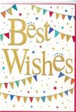 This Best Wishes card radiates a gentle, festive charm, much like the relaxed buzz you feel walking around the Barbican on a bright weekend afternoon. The background is a pure, uncluttered white, creating a calm stage for the design. At the centre, the words Best Wishes are written in generous, looping gold script, printed with a reflective foil finish that shimmers softly, suggesting a textured, almost glittery touch beneath your fingers. The letters are confident yet welcoming, holding the whole composition together. Arcing above and below the message, strands of decorative bunting drift in easy curves, as if strung across a balcony overlooking the Barbican lake. Each tiny pennant is a triangle of colour-deep blues, vivid reds, lively greens, and sunny yellows-many decorated with miniature spots, stripes, or geometric motifs that hint at careful, artistic detail. Around the bunting, a scattering of small stars and dot-like confetti creates a sense of movement, like the last flutter of paper confetti after a toast at a celebration near Fann Street or Beech Street. The spacing is thoughtful, leaving plenty of white breathing room so the design never feels crowded, just quietly joyful. Overall, the card gives off a feeling of optimism and encouragement, ideal for congratulating someone on a new job, wishing luck for exams, or sending good wishes for a move into a new flat nearby. It pairs naturally with a fresh, colourful bouquet from a Barbican florist, becoming a simple yet heartfelt expression of shared happiness.