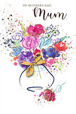 This illustrated Mother's Day card presents a joyful watercolour bouquet that looks as though it has been freshly gathered from a spring garden and then painted with a free, confident hand. At the centre, rich cerise, magenta, and rose-pink flowers bloom in loose, layered petals, their forms given definition by deep indigo lines that curl and loop like quick sketches in a florist's notebook near Barbican station. Around these vibrant focal blooms, softer blue and lavender flowers drift outward, their cooler tones calming the composition and reflecting the gentle side of a mother's love. Short, lively strokes of green imply slender stems and foliage, weaving the arrangement together with a sense of natural grace. Fine veins of gold ink accent the tops of petals and leaf edges, gleaming subtly, reminiscent of evening light glinting off the glass façades around the Barbican Centre. The bouquet rises from a curved vase, painted in muted washes and tied with a neatly drawn golden bow that echoes the careful finishing touch used for hand-tied bouquets delivered across Barbican and the surrounding streets. At the edges of the design, colourful splatters, tiny hearts, and misty dots spread across the bright white card, giving the impression of petals tossed in celebration. The overall mood is airy, affectionate, and quietly festive, perfectly suited to expressing deep appreciation on Mother's Day. It feels like a visual hug, capturing both the artistry of a skilled florist and the heartfelt emotion of a child saying thank you with flowers, even when they exist only in paint and memory.