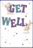 Bathed in a gentle, luminous glow, this get well card illustration captures the heartwarming camaraderie of a cuddly bear and an exuberant puppy, both rallying together to deliver a bright message of recovery, just as a local Barbican florist might bring a cheerful bouquet to a friend along Silk Street. The bear's plush, reassuring figure is perched above the playful 'GET,' while the puppy, with its floppy ears and spark of mischief, cozies beneath the bold 'WELL.' The hand-lettered text pops in vivid shades of indigo and teal, enlivening the clean white background and mirroring the vibrant artistic vibe of the Barbican Centre nearby. Across the page, scattered stars glimmer in blues and purples, each one a playful nudge of hope and possibility. The bear's soft fur and the puppy's velvety ears invite a sense of tactile comfort, almost as if their embrace could be felt. The entire scene evokes the tender care and gentle encouragement found in the Barbican community-an illustration poised to send genuine warmth and spirited optimism along with a get well wish, as sure and steady as a thoughtfully delivered bouquet from Barbican Flowers.