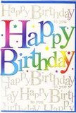 This photograph captures a birthday card that radiates upbeat, modern charm, the kind of design you might choose to accompany a vibrant arrangement from a trusted Barbican florist. The card stands upright, filling the frame with the exuberant phrase 'Happy Birthday' written in broad, friendly letters that move through a full arc of colour-from deep cherry and fuchsia through cobalt blue and emerald to fresh lime and golden yellow. The gradient is smooth and painterly, giving each letter the look of being hand-brushed with care, reminiscent of colourful banners strung above a party gathering in a Barbican courtyard. Sitting behind the bold greeting is a warm, pale background densely patterned with glimmering gold cursive script repeating 'Happy Birthday to you.' The writing winds and loops across the surface in fine lines, like musical notation or whispered wishes layered one over another. The metallic ink catches the light with a refined, glittered sheen, not overpowering but constantly twinkling, similar to lights reflecting off the water features around the Barbican Arts Centre at dusk. Scattered throughout are tiny, colourful speckles and subtle decorative shapes, evoking confetti tossed joyfully into the air. The card stock looks sturdy yet smooth, with a silky finish that would feel pleasant under the fingertips, especially where the slightly raised rainbow letters contrast with the delicate shimmer of the background script. The overall mood is one of genuine celebration-lively but not loud, polished yet full of warmth-making it an ideal companion to a hand-delivered birthday bouquet in the local Barbican neighbourhood, whether the recipient is turning eighteen or eighty.