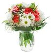 This arrangement, composed by passionate hands in Barbican, radiates fresh optimism and elegant charm, as though it has bottled the gentle light of a spring dawn along the Moorgate. At the heart of the bouquet, plush coral carnations shimmer with energy, each ruffled petal forming dynamic waves that invite a sense of playfulness. Flanked by white chrysanthemum blooms and classic daisies with their vivid green-gold centres, the ensemble achieves a clean, uplifting balance, suffusing the air with a quiet kind of hope. Interwoven sprigs of baby's breath drift like tiny clouds, giving the whole display an airy, almost ethereal quality. Broad, glossy green leaves cradle the bouquet, rising to frame and support the blossoms, while slender accents of foliage weave through the interior, supplying freshness and lively movement. Resting in a simple glass vase, the green stems gleam through the water, a testament to the flowers' pristine condition and the careful sourcing from trusted London markets. Under bright, even light, every hue and texture is revealed in detail-perfectly suited for celebrating a birthday, sending thoughtful comfort, or enhancing a flat overlooking the nearby Barbican lakes. This is a bouquet that gently lifts the spirit with colour and serenity, echoing the local heart of the Barbican neighbourhood.