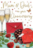 Warm and romantic anniversary card illustration, presented like a curated scene for a much-loved couple celebrating with family near the Barbican. Dominating the foreground are two luxurious red roses, their petals layered in rich, velvety folds that almost invite touch, anchored by fresh, leafy greenery with a soft sheen, as if they've just been arranged by a skilled local florist. Next to the flowers sits an open, heart-shaped box of chocolates, lined neatly with assorted truffles. A generous red satin bow winds around the box, its ribbons curling gracefully and adding a sense of indulgence. A few chocolates spill gently onto the table, suggesting shared treats and lingering conversation. Behind this, two slender champagne flutes stand side by side, filled with luminous golden fizz; the bubbles are captured mid-rise, evoking the sound of a gentle toast echoing in a cosy Barbican flat. Scattered around the scene are tiny red and gold hearts, some solid, some softly shaded, forming a playful halo around the hand-lettered greeting for Mum & Dad, which gives the card a distinctly family-centred feel. A vivid scarlet envelope, sealed and slightly tilted, signals a heartfelt message tucked inside, reminiscent of the thoughtful notes exchanged between generations living around the Barbican and Moorgate. The background glows with warm, diffused light, wrapping the entire composition in an atmosphere of tenderness and celebration. Together, the roses, chocolates, champagne, and hearts create a visual love letter to enduring partnership and the simple joy of marking another wedding anniversary together.